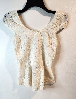 Poetry Ivory Floral Lace Peplum Top-Bow Back Cut-Out-Stretch Lace Cap Sleeve SzM